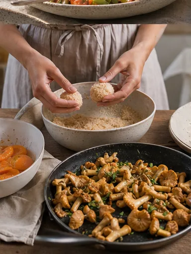 Hände formen Marillenknödel neben Eierschwammerln