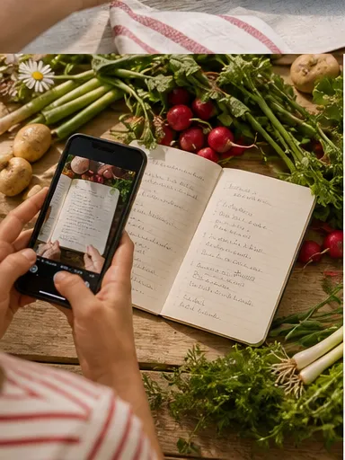 Hand fotografiert ein Familienrezept neben frischem Gartengemüse