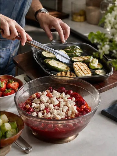 Hands grilling halloumi and courgettes in a practical kitchen