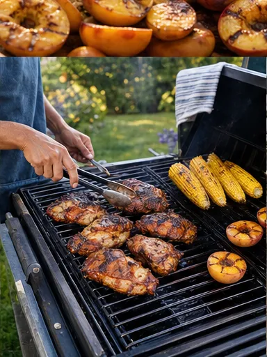 Hands grilling chicken, corn and peaches in a backyard