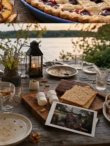 Porch table after a lake meal with s'mores and a small memory photograph